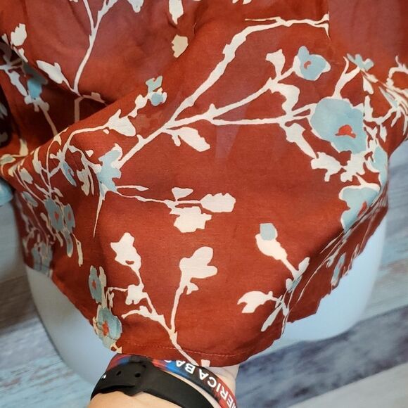 Tommy Bahama Sz M Rust Blue Floral Sheer Scoop Neck Popover Cupro Blouse 824 - Picture 5 of 8